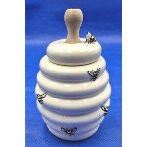 Vintage Harry & David Ceramic Honey Pot Bees Wood Spoon 6.5x4"